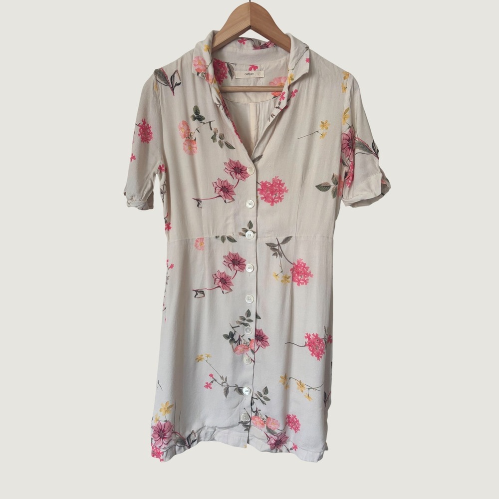 Capulet Floral Button Down Mini Dress Cream Pink Short Sleeve Rayon Blend
